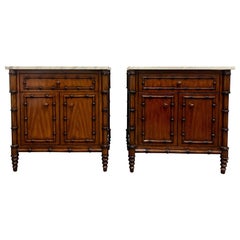 Pair Faux Bamboo Bedside Tables, End Tables, Chests, Marble Tops