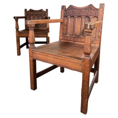 Used Near Pair of Early 20th Century Oak Hall Chairs
