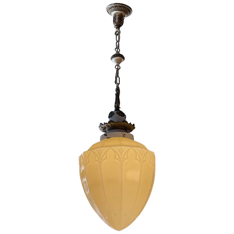 Antique Ornate Vaseline Glass Pendant Light For Sale at 1stDibs