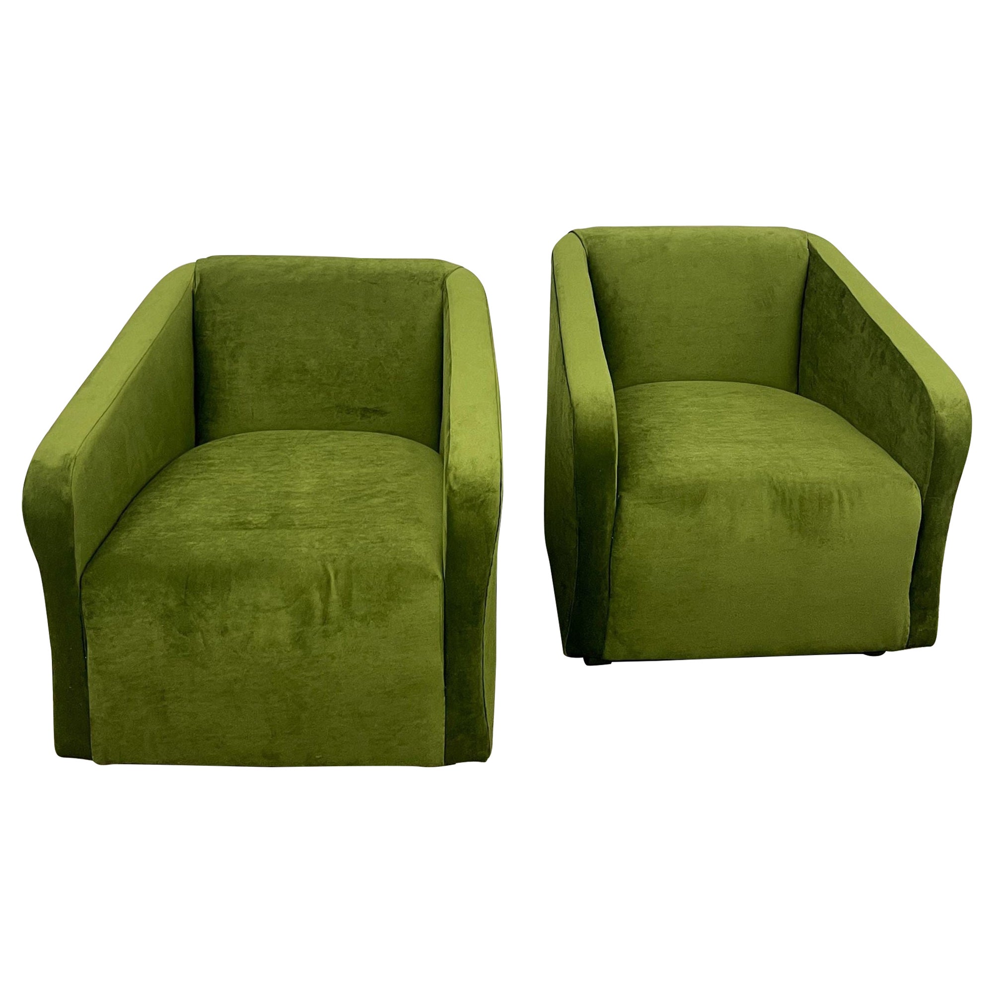 Pair Green Velvet Swivel Chairs
