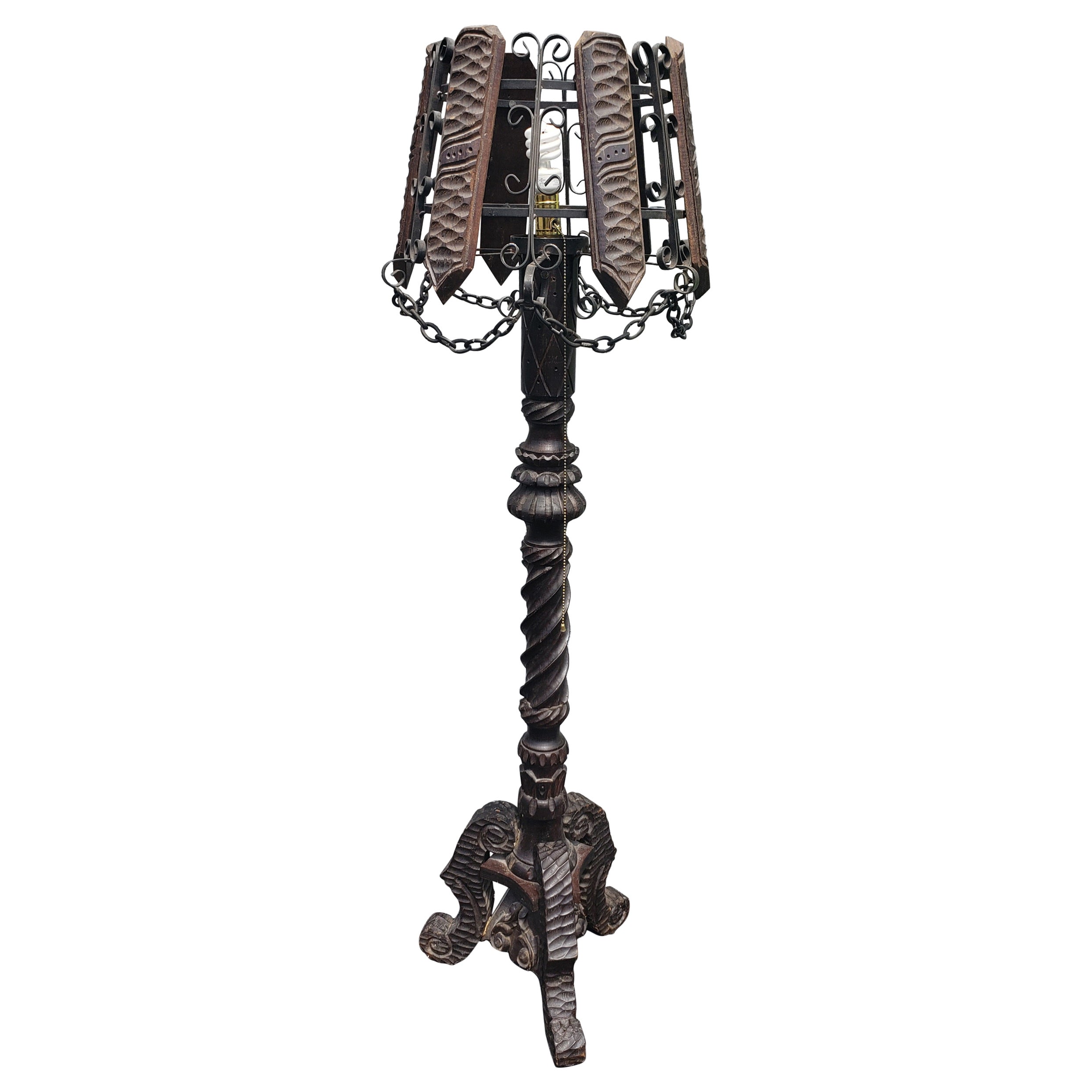 Vintage Sculpted Ebonized Wood Pedestal Tripod Floor Lamp with Wood & Iron Shade For Sale