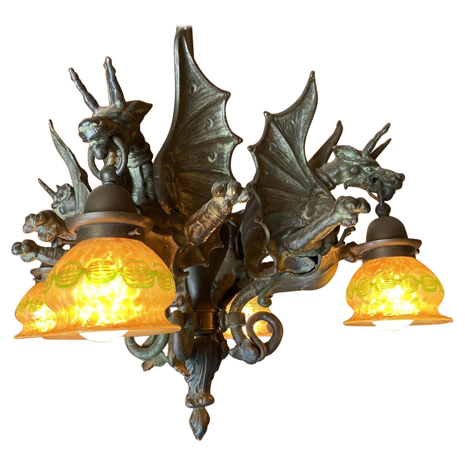 Bronze Medieval Dragon Chandelier w/ Quezal Gold Iridescent Shades For Sale