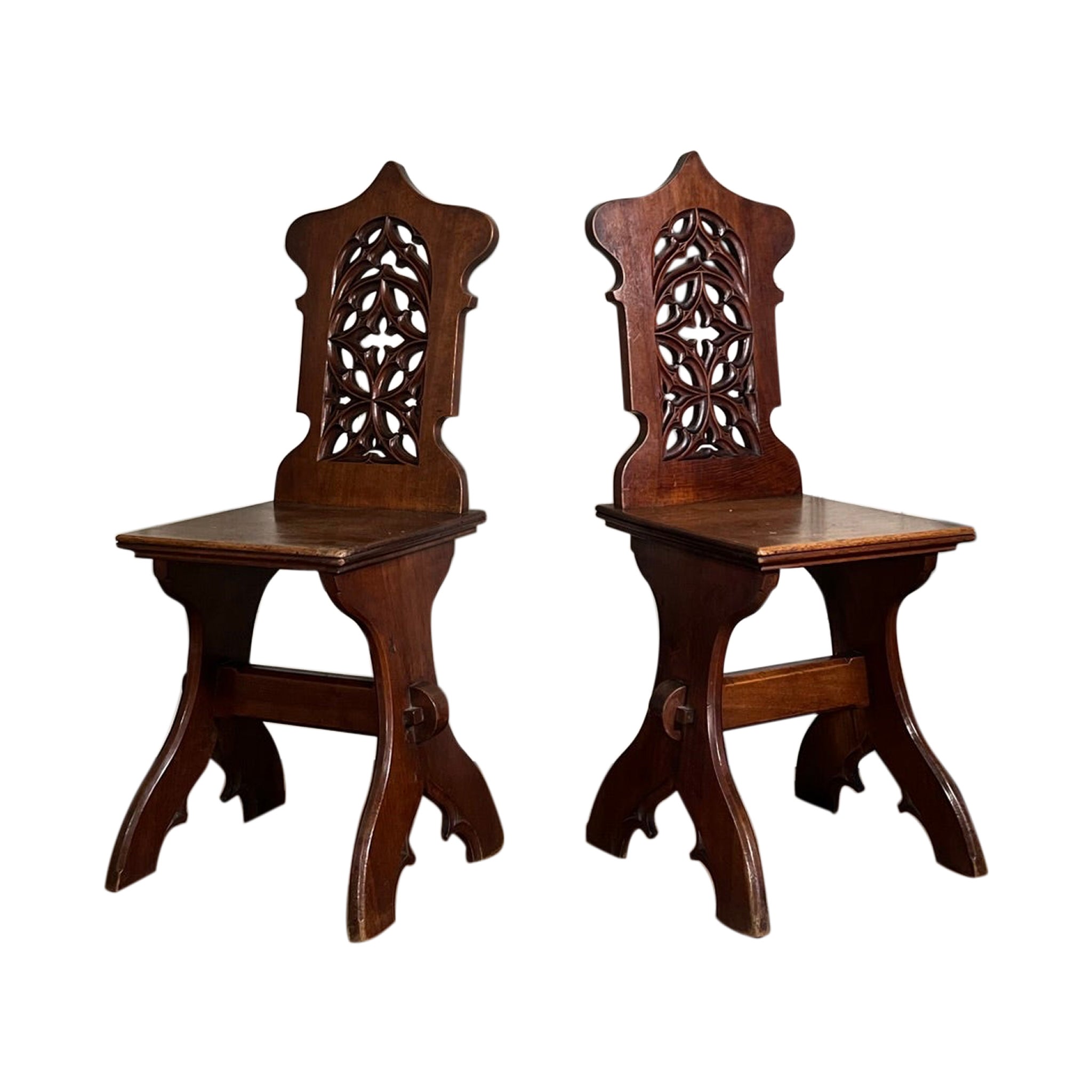 Pair 19th Century Continental Walnut Hall Chairs For Sale