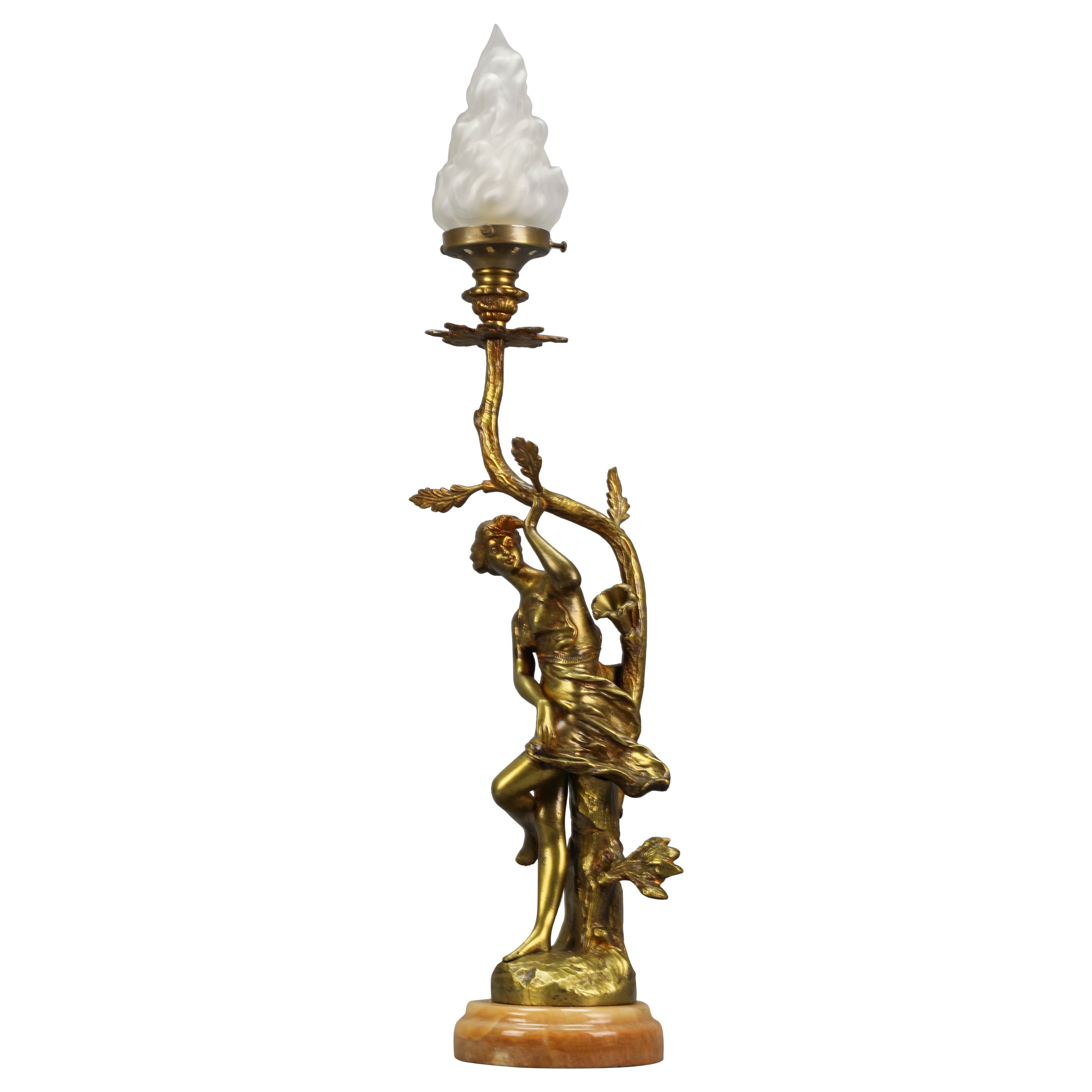 French Art Nouveau Style Bronze, White Glass and Onyx Figural Table Lamp