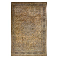 Oversize Vintage Tabriz Tan Handmade Rosette Motif Persian Wool Rug