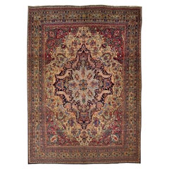 Tapis Kirman ancien en laine surdimensionné à médaillons floraux multicolores fait à la main