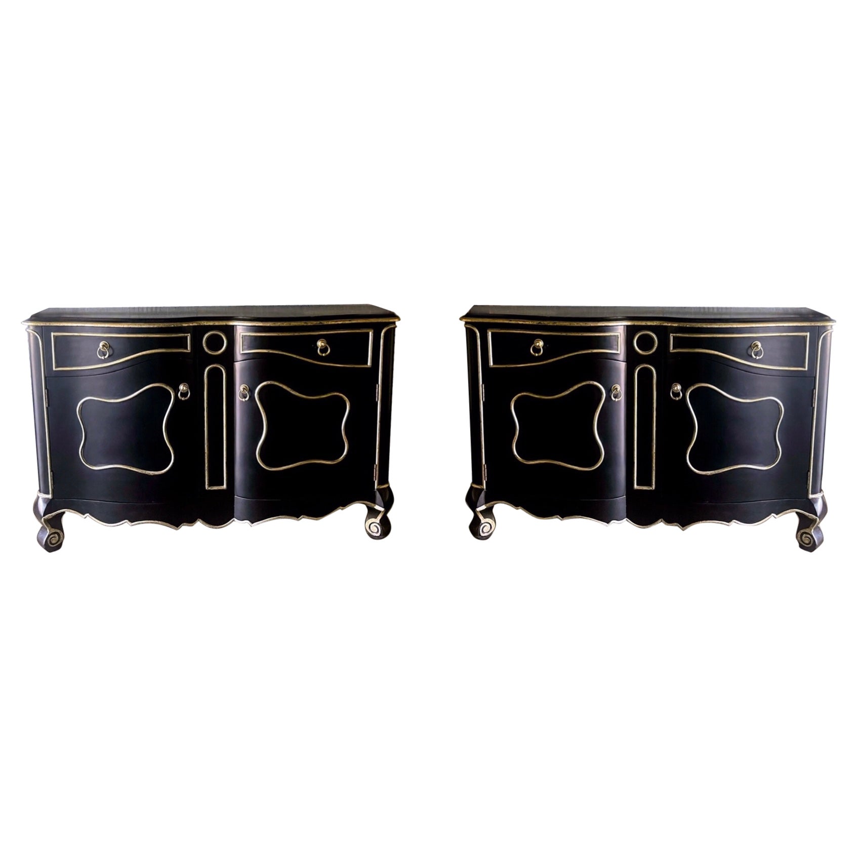 Late 20th-C. Modern French Louis XV Cabinet in Black and Silver Gilt, Pair