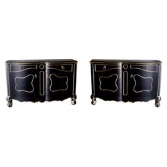 Vintage Late 20th-C. Modern French Louis XV Cabinet in Black and Silver Gilt, Pair