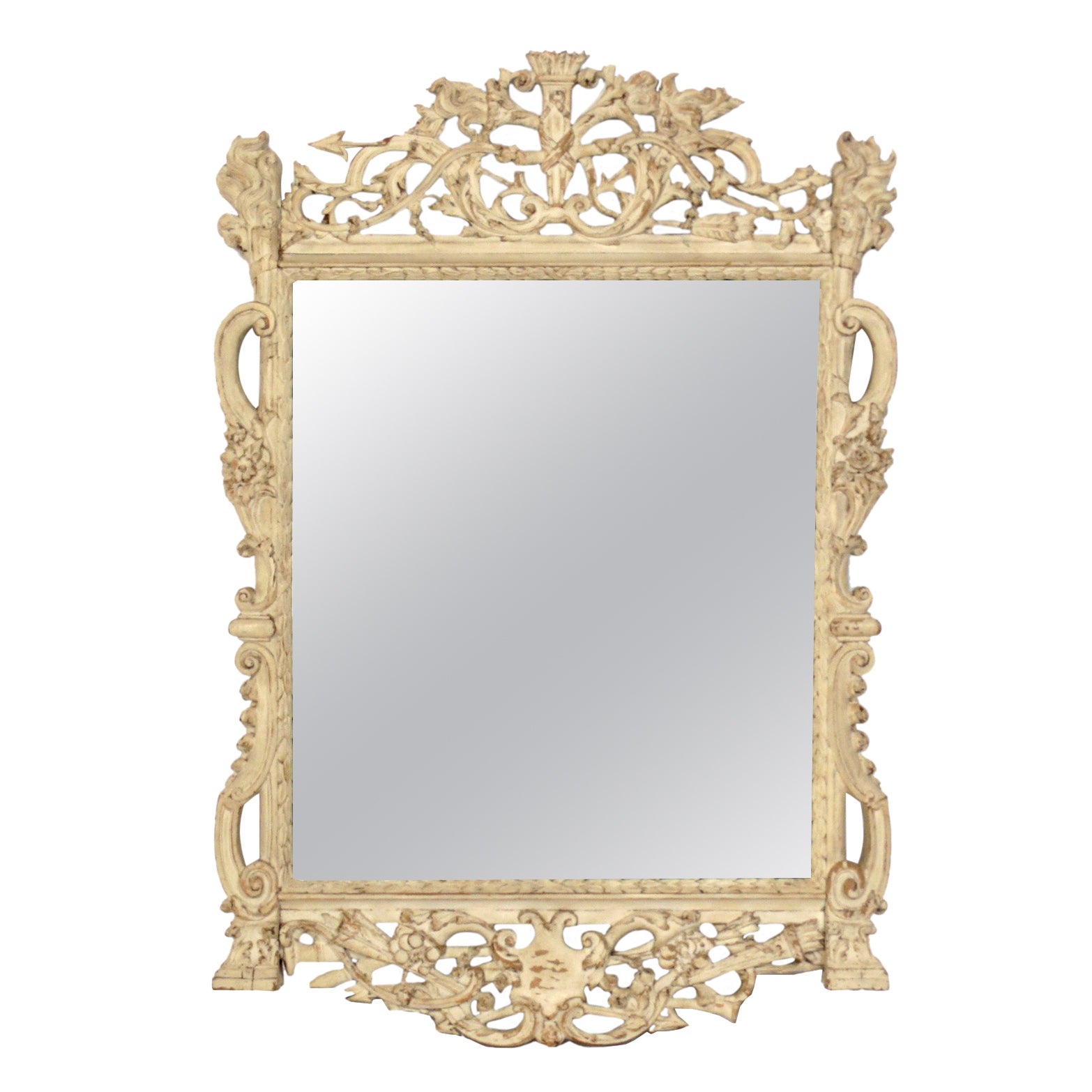 French Hand Carved Tan White Wash Mirror For Sale