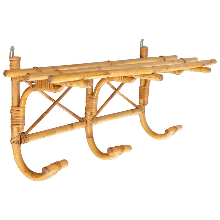 MidCentury French Rattan and Bamboo Coat Rack For Sale at 1stDibs