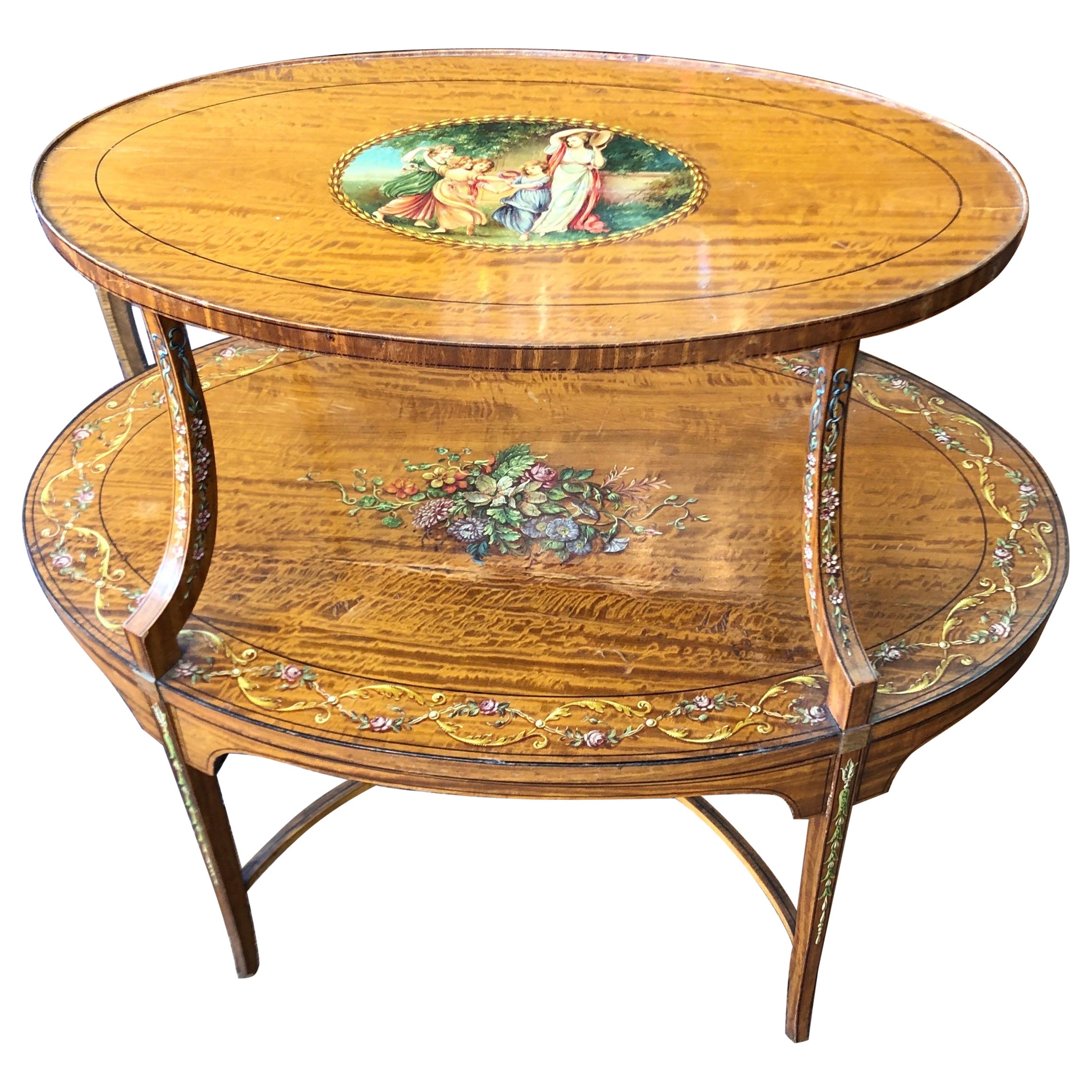 Fabulous Antique English Edwardian Adam Hand Painted Satinwood 2-Tier Oval Table For Sale