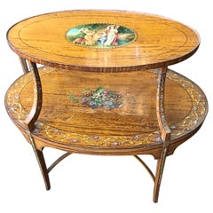 Fabulous Antique English Edwardian Adam Hand Painted Satinwood 2-Tier Oval Table