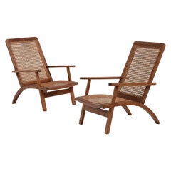 Coppia di poltrone francesi in legno e canna, anni '50