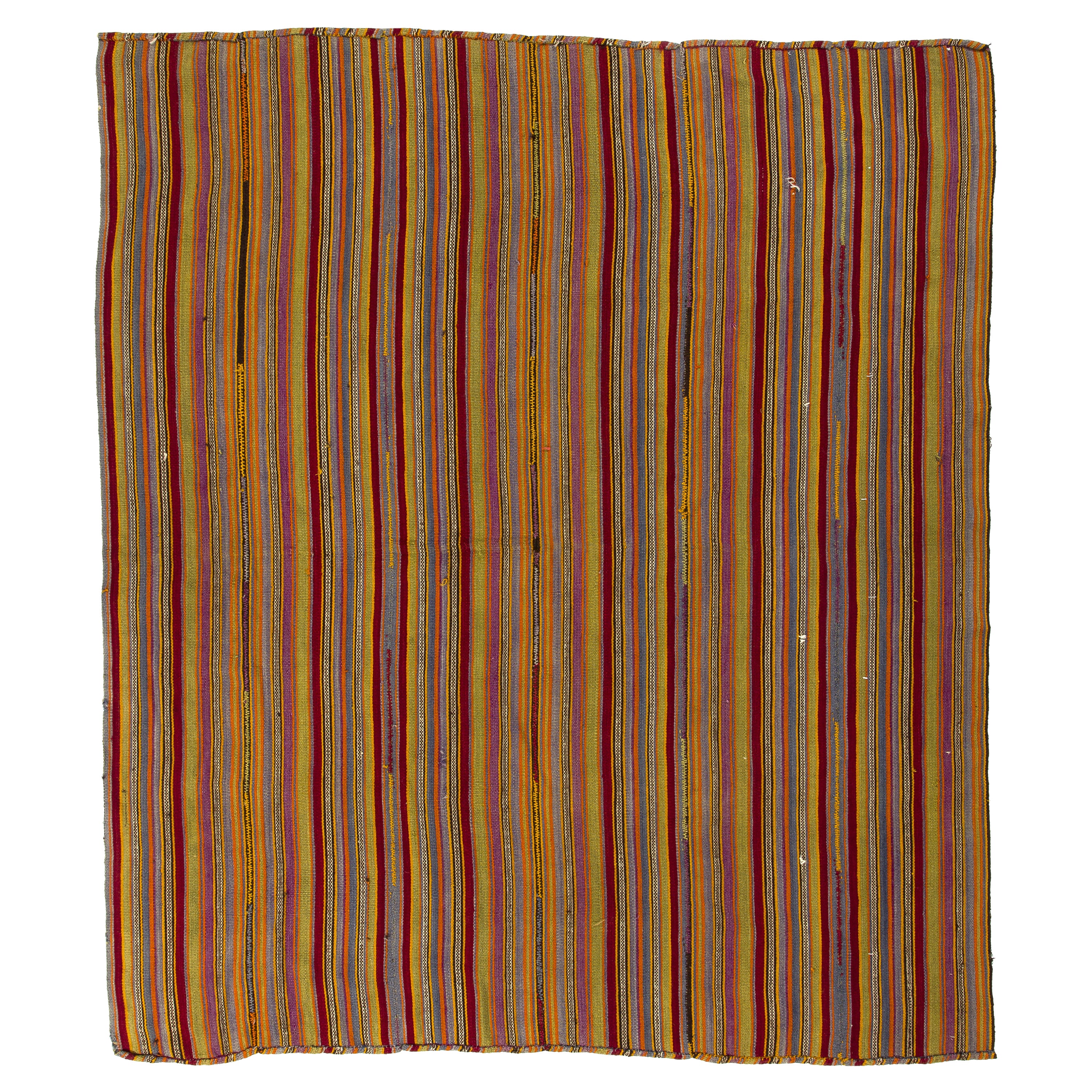 6.2x7.2 Ft Vintage Hand-Woven Kilim. Wool Flat-Weave Rug with Vertical Bands For Sale