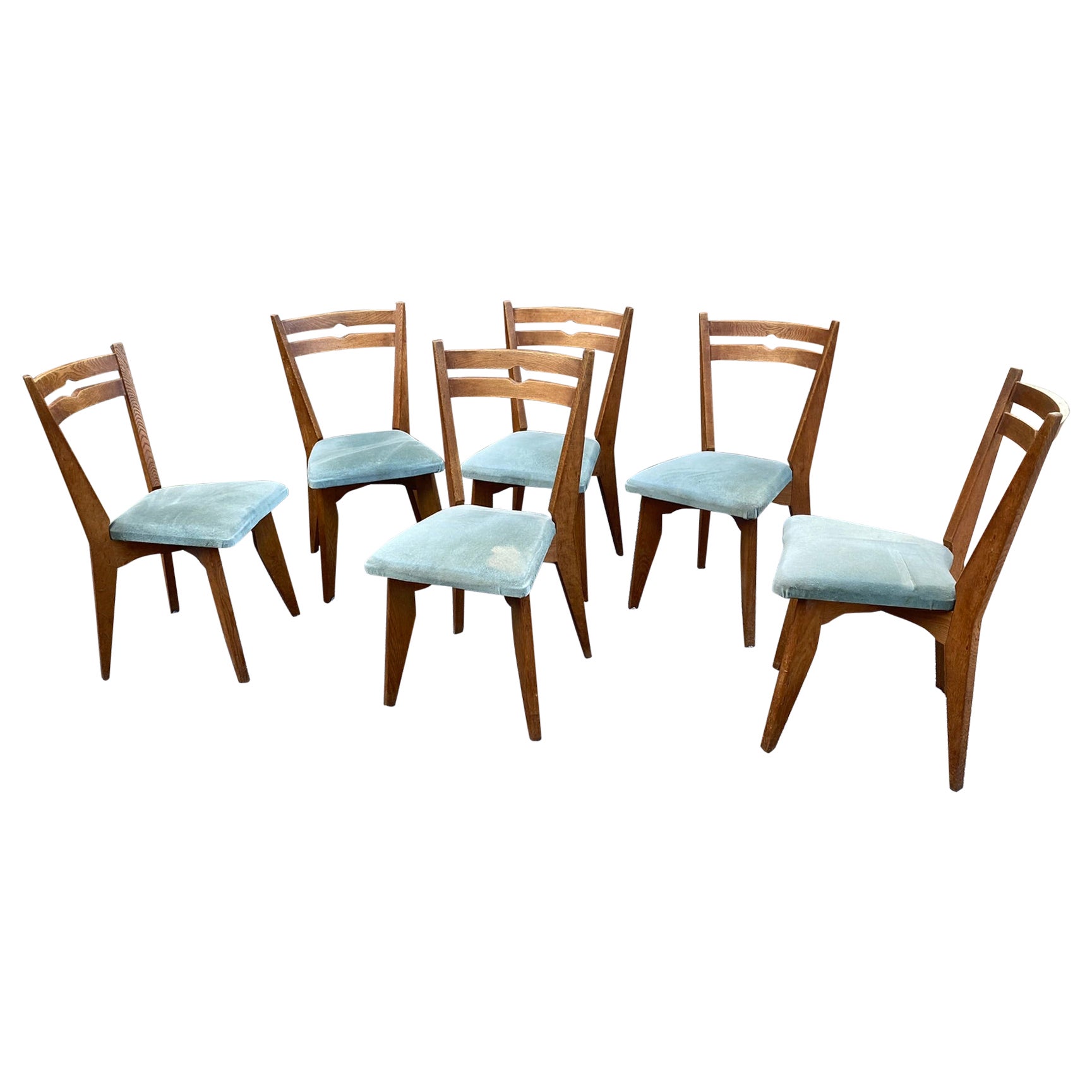 Guillerme et Chambron, Set of 6 Oak Chairs, Edition Votre Maison, circa 1970