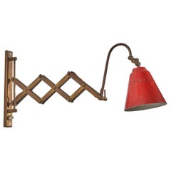 Vintage Italian, Adjustable Wall Light, Brass, Red Lacquered Metal, Italy, 1940s
