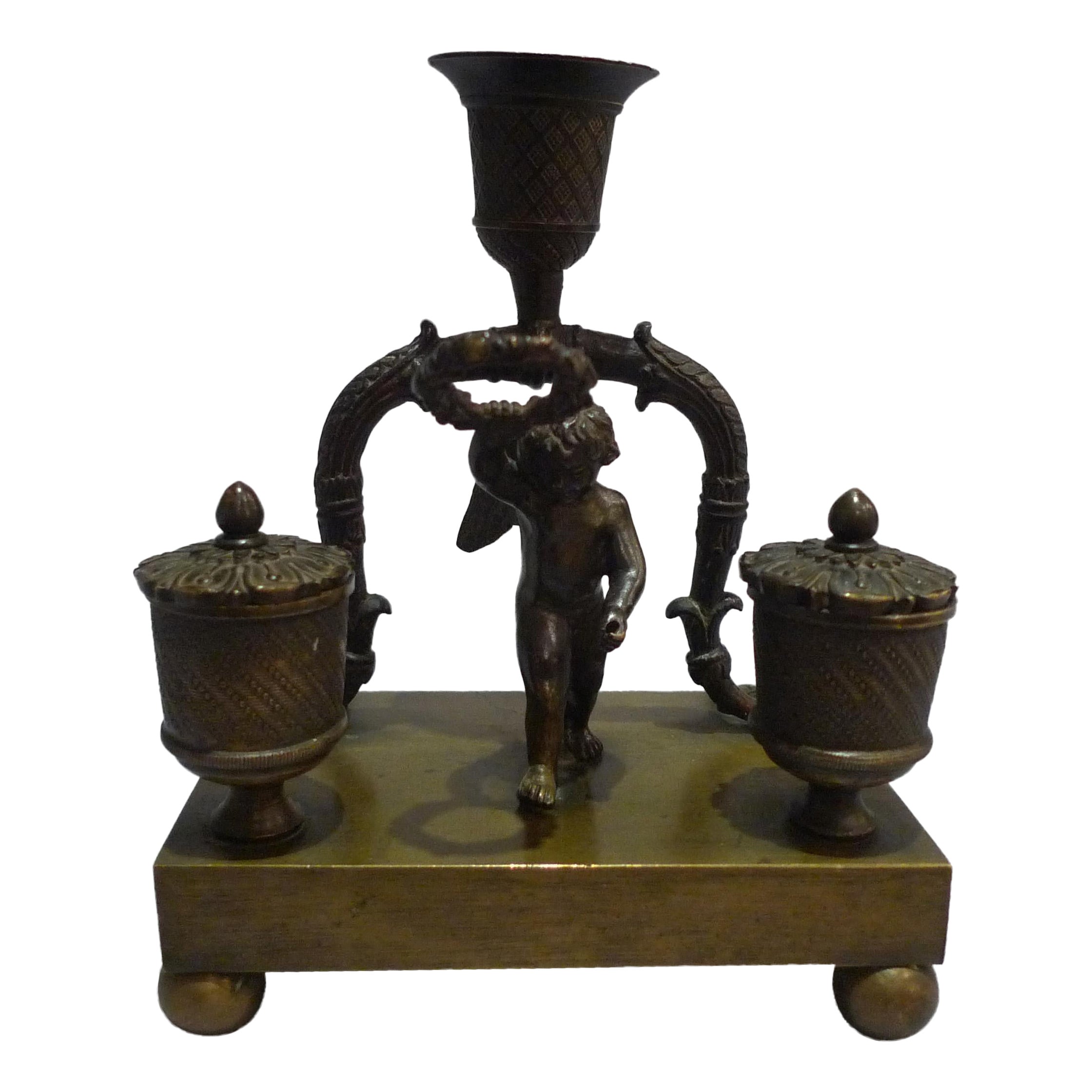 English Regency Cherub Inkwell with Candleholder For Sale