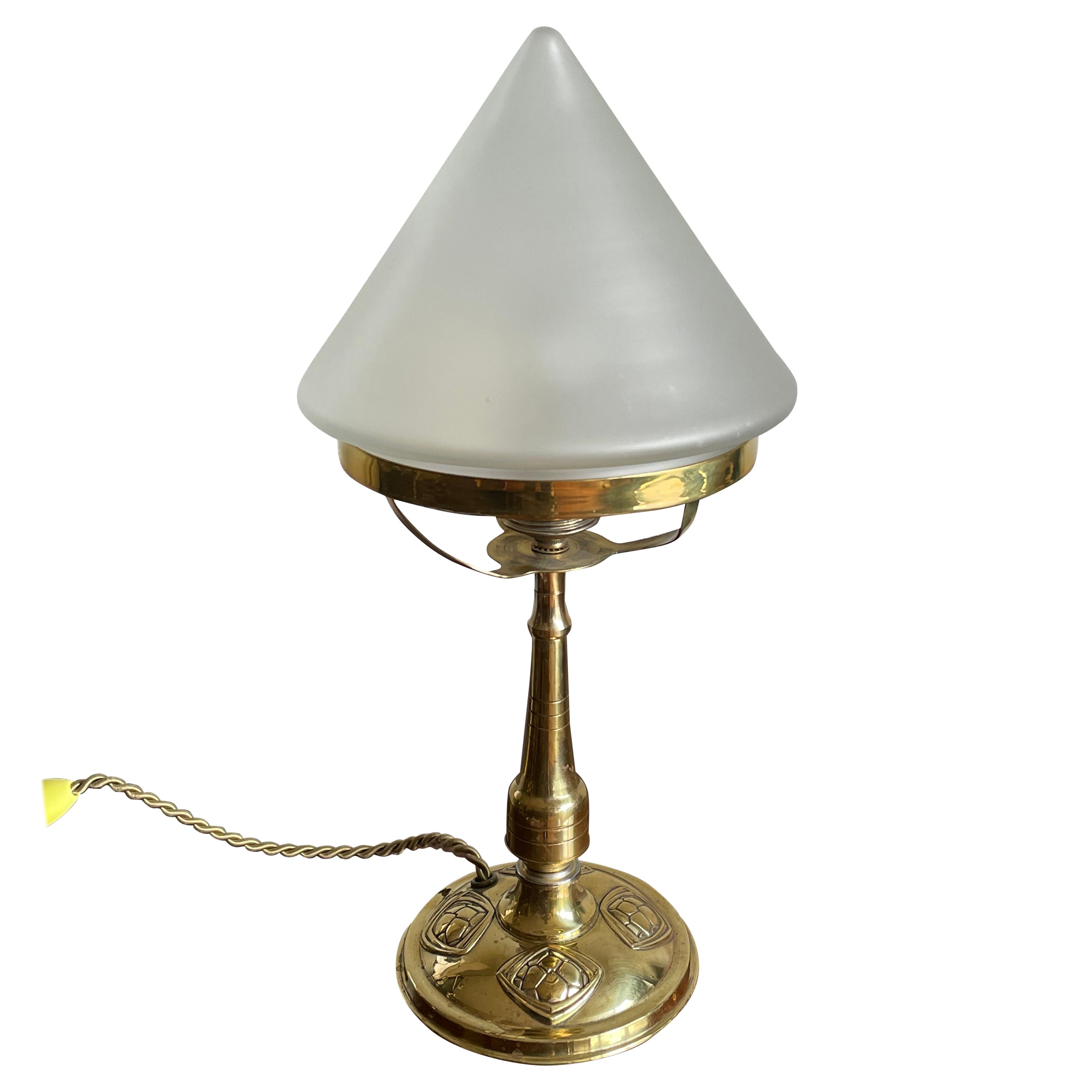 Unique Early 1900s Arts and Crafts, Fine Brass & Mint Glass Table or Desk Lamp For Sale