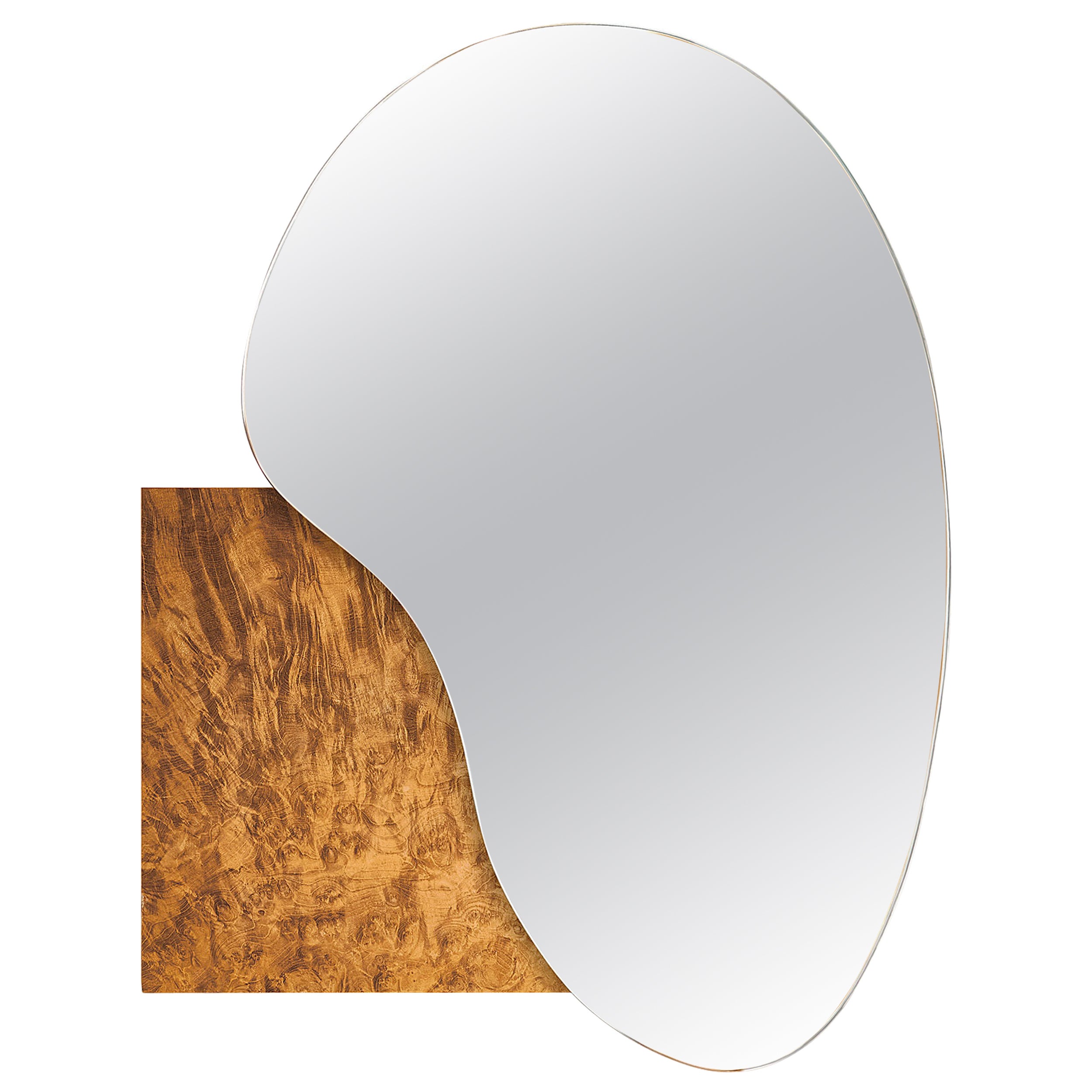 Modern Wall Mirror Lake 4 by Noom with Madrone Veneered Wood Base For Sale