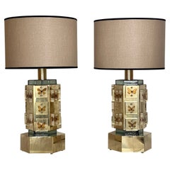 Late20th Century Pair of Hexagonal Brass, Butterflies & Murano Glass Table Lamps