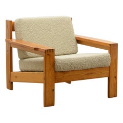 Solid Pine and Bouclé Lounge Chair, 70s