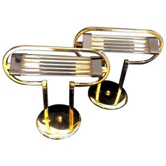 Italian Wall Lighting Pair Glass with Gilt Gold Structure, Italy, 1980