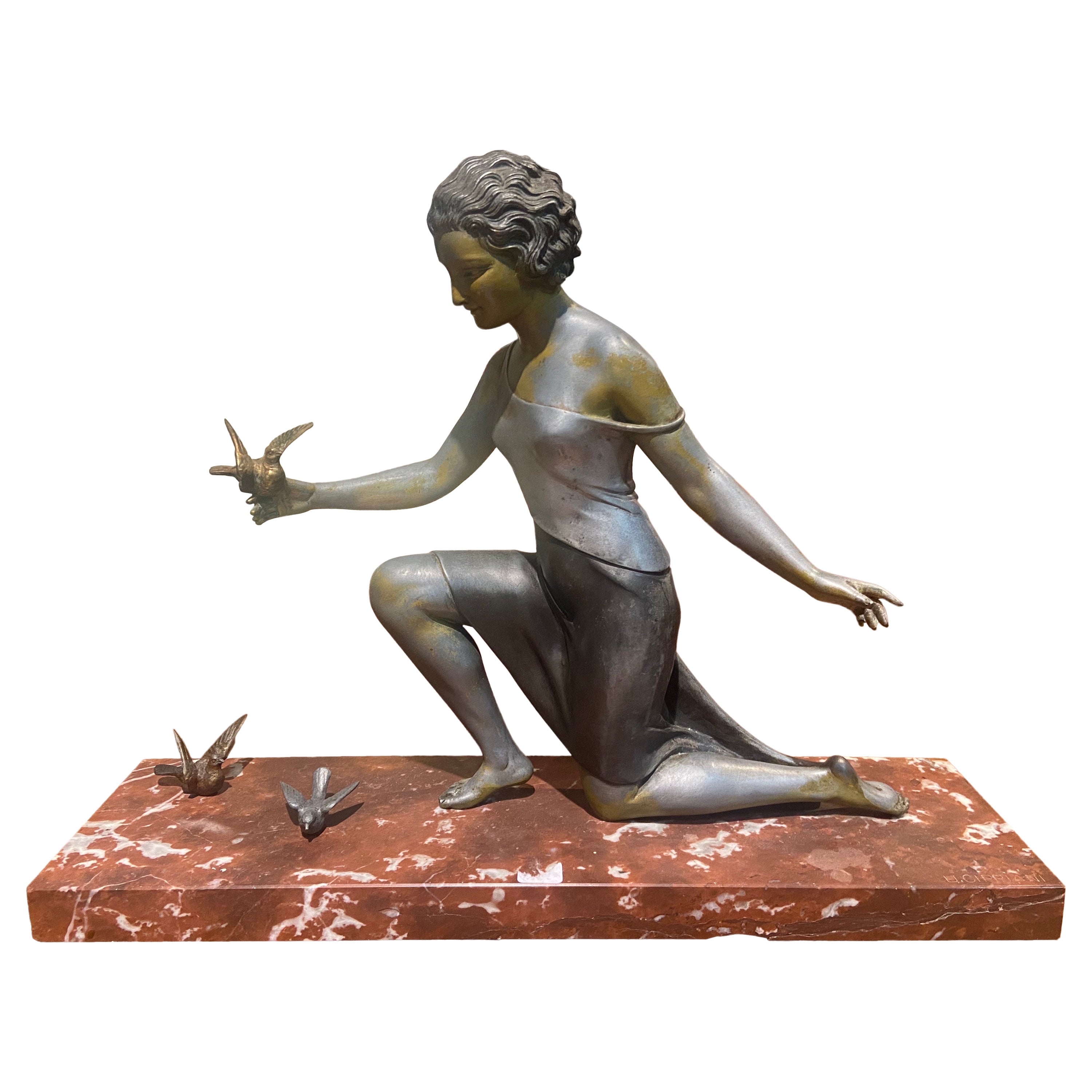 Bronzeskulptur einer Dame mit Vögeln im Art déco-Stil auf Marmorsockel von Ugo Cipriani