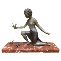 Art Deco Bronze Sculpture Lady with Birds on Marble Base by Ugo Cipriani