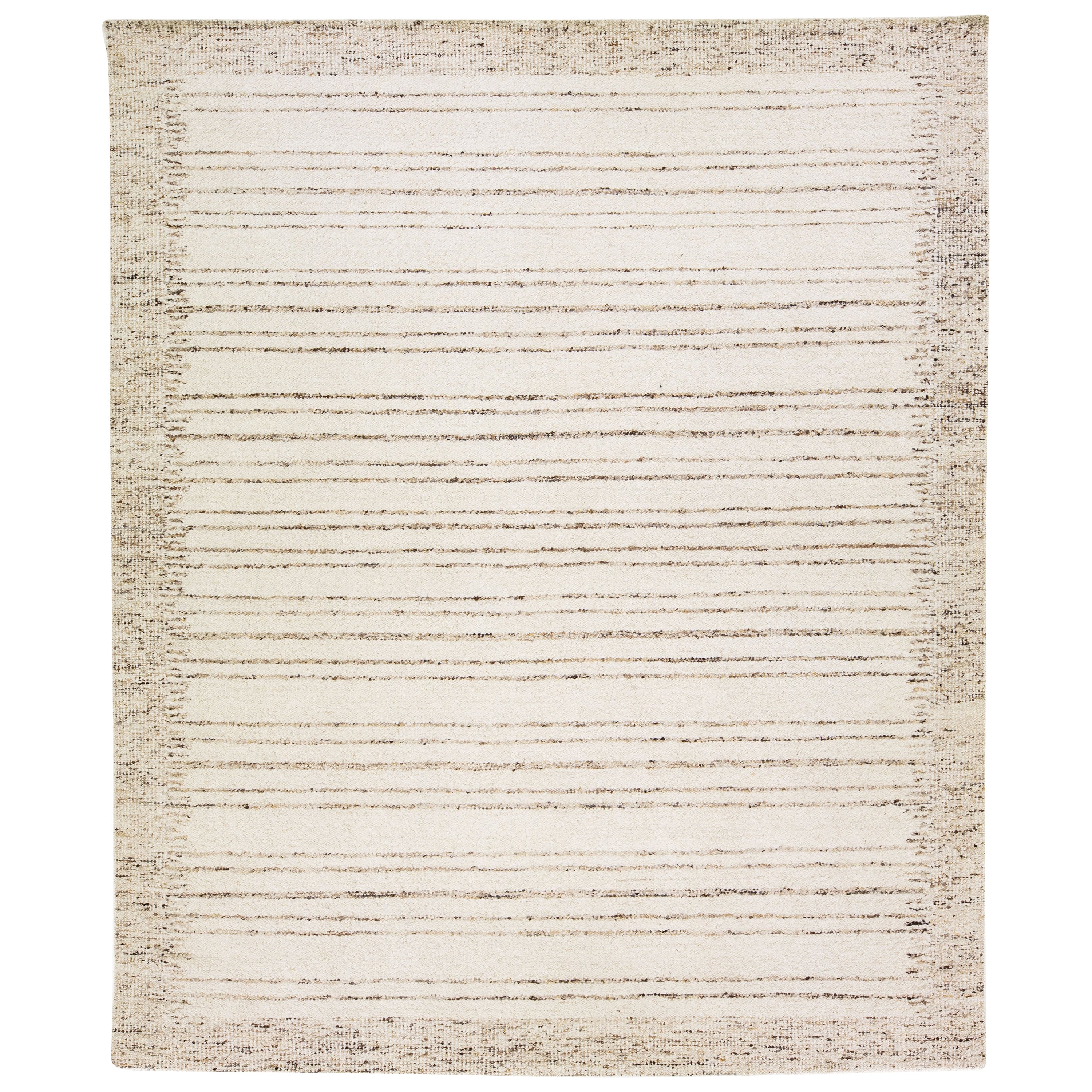 Modern Moroccan Style Beige Handmade Oversize Wool Rug With Stripe Motif For Sale