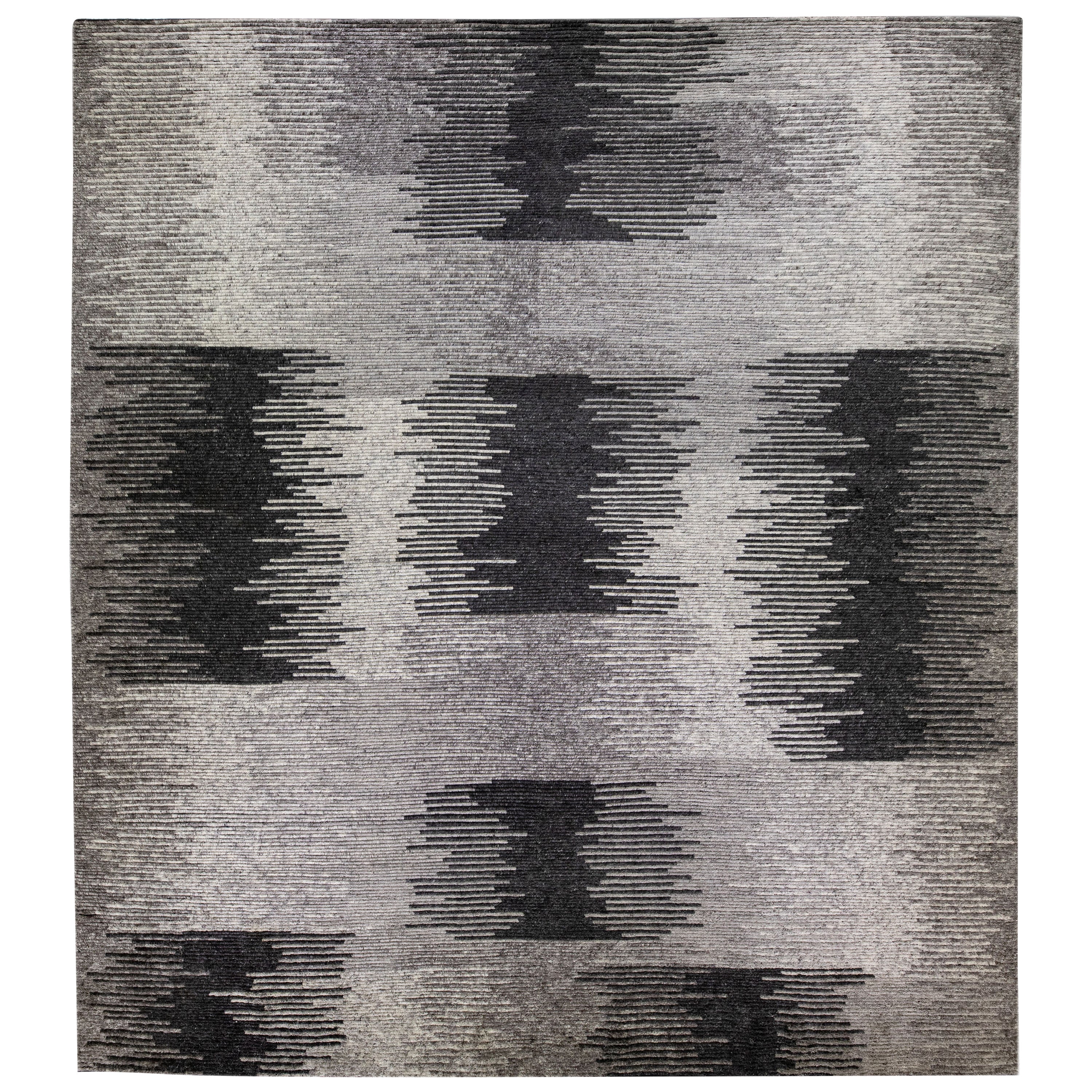Gray Modern Moroccan Style Handmade Abstract Designed Oversize Wool Rug For Sale