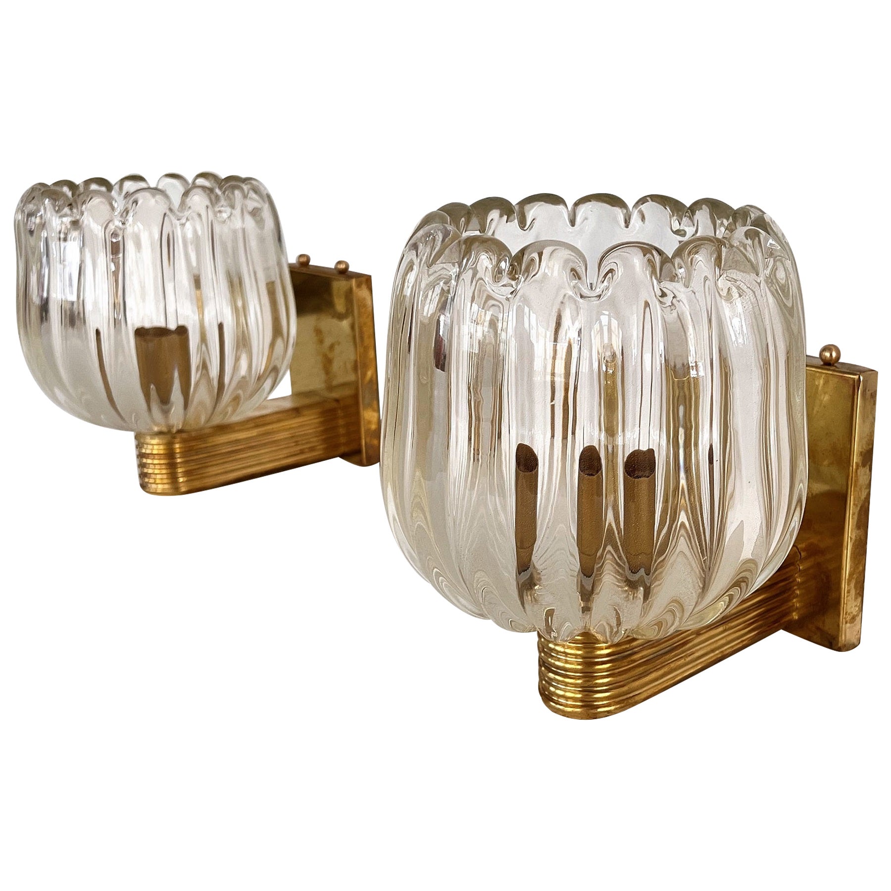 Italian Art Deco Style Brass and Murano Glass Wall Lights or Sconces, 1990s