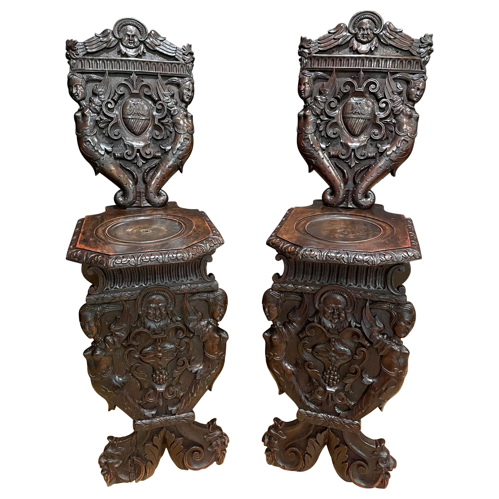Pair Of Antique Italian Carved Sgabello Chairs For Sale