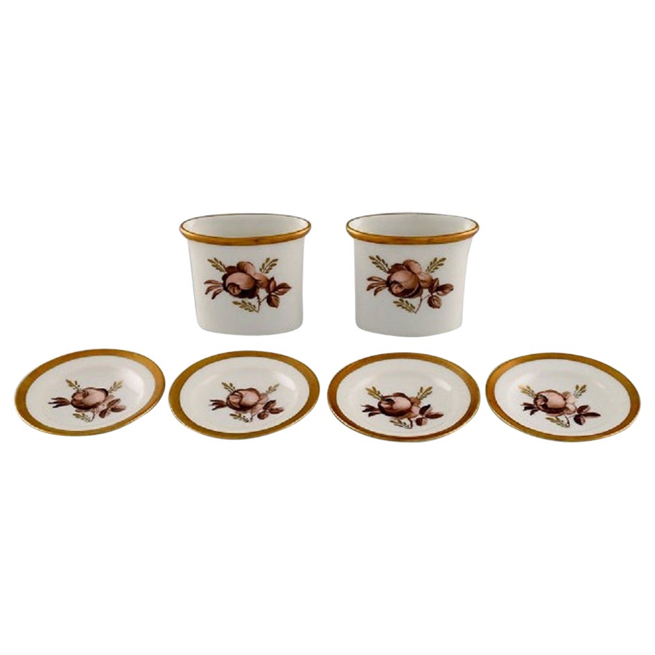 Royal Copenhagen Brown Rose, Two Vases and Four Butter Pads in Porcelain For Sale