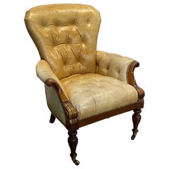 Antique Sheridan Office / Wing / Accent Chair, Tufted Leather, Patinated, Bronze Casters