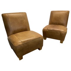 Pair Oversized Modern American Designer Art Deco Leather Lounge / Slipper Chairs