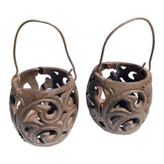 Japanese Art Nouveau Pair Ornamental Basket Tea Light Lanterns