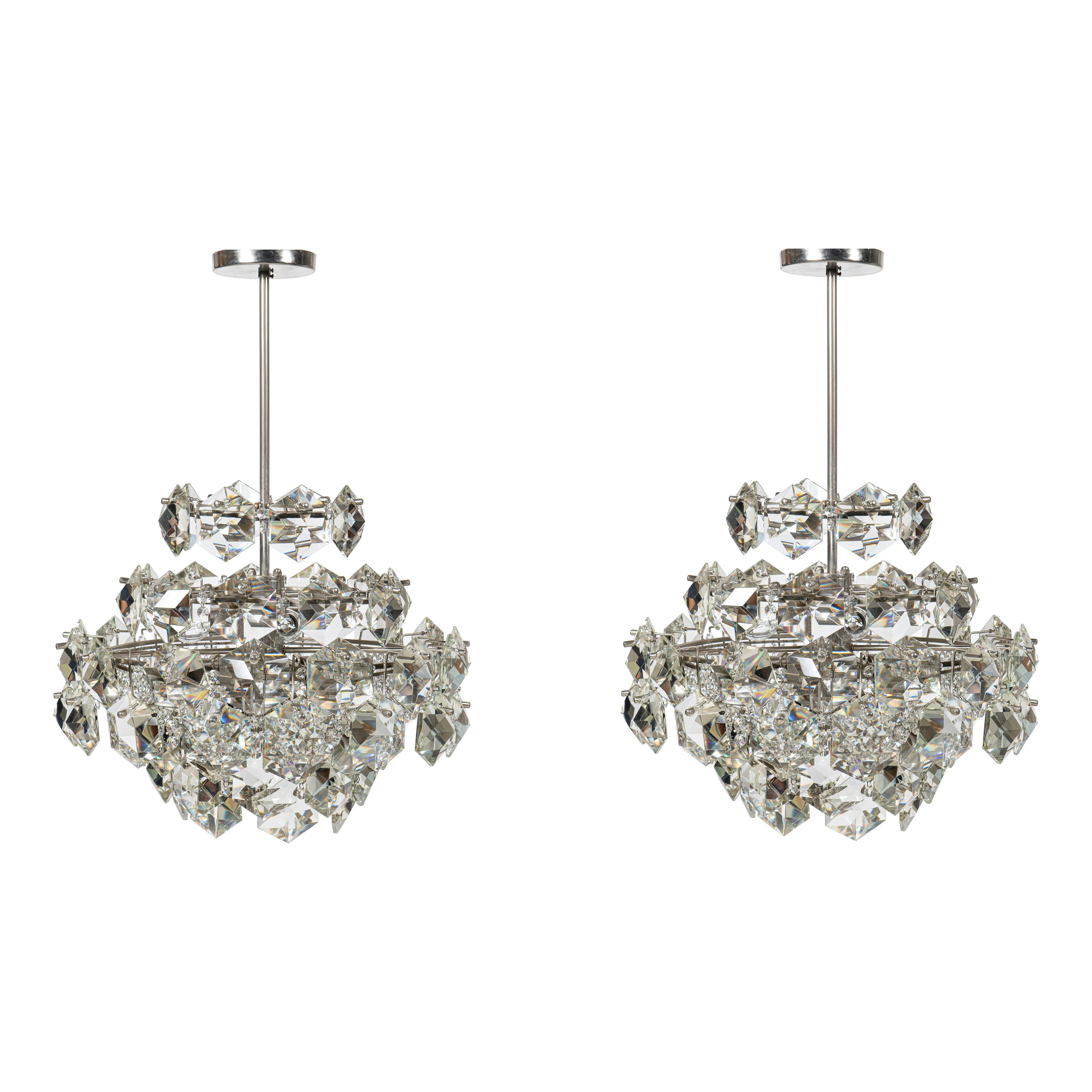 Pair of Chrome Metal and Crystal Glass Chandeliers by Bakalowits & Söhne, 1960 For Sale