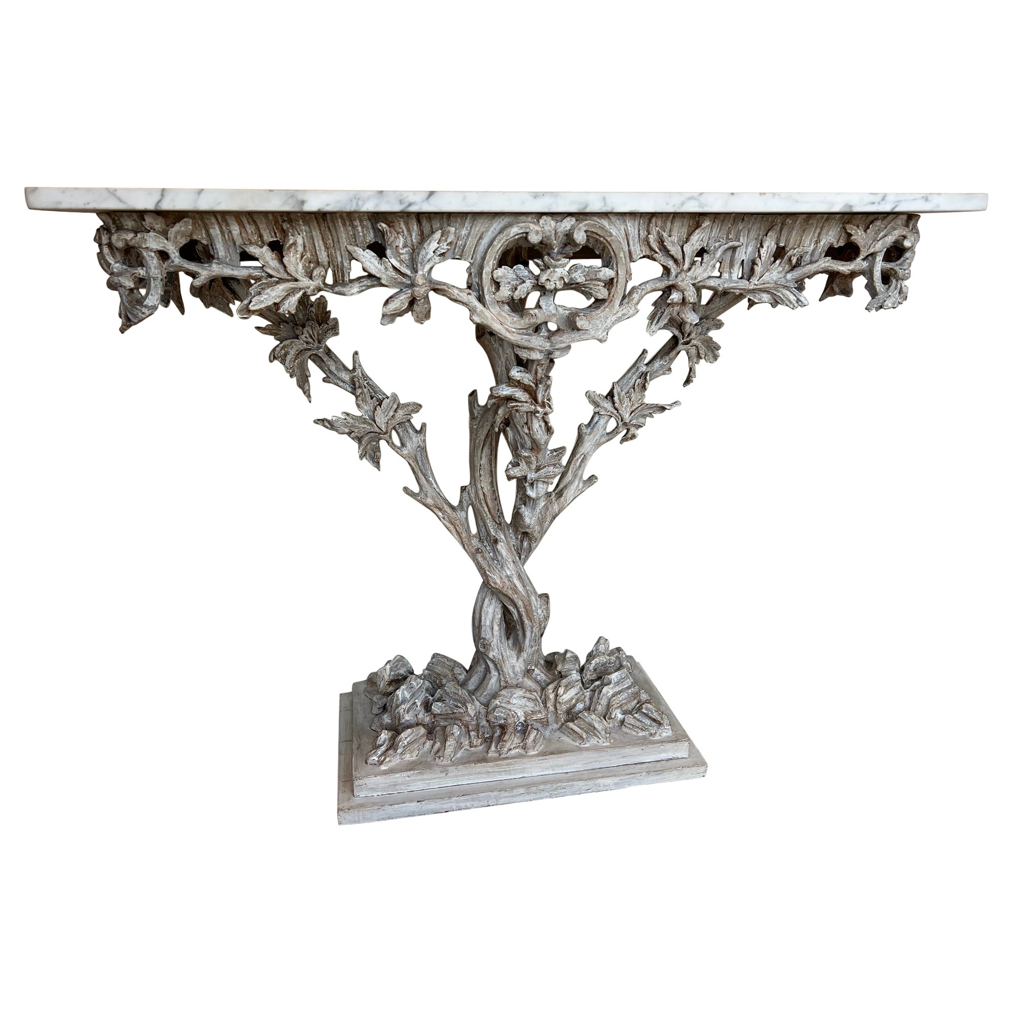 Console arboreale sculptée du 19ème siècle avec plateau en Carrare en vente