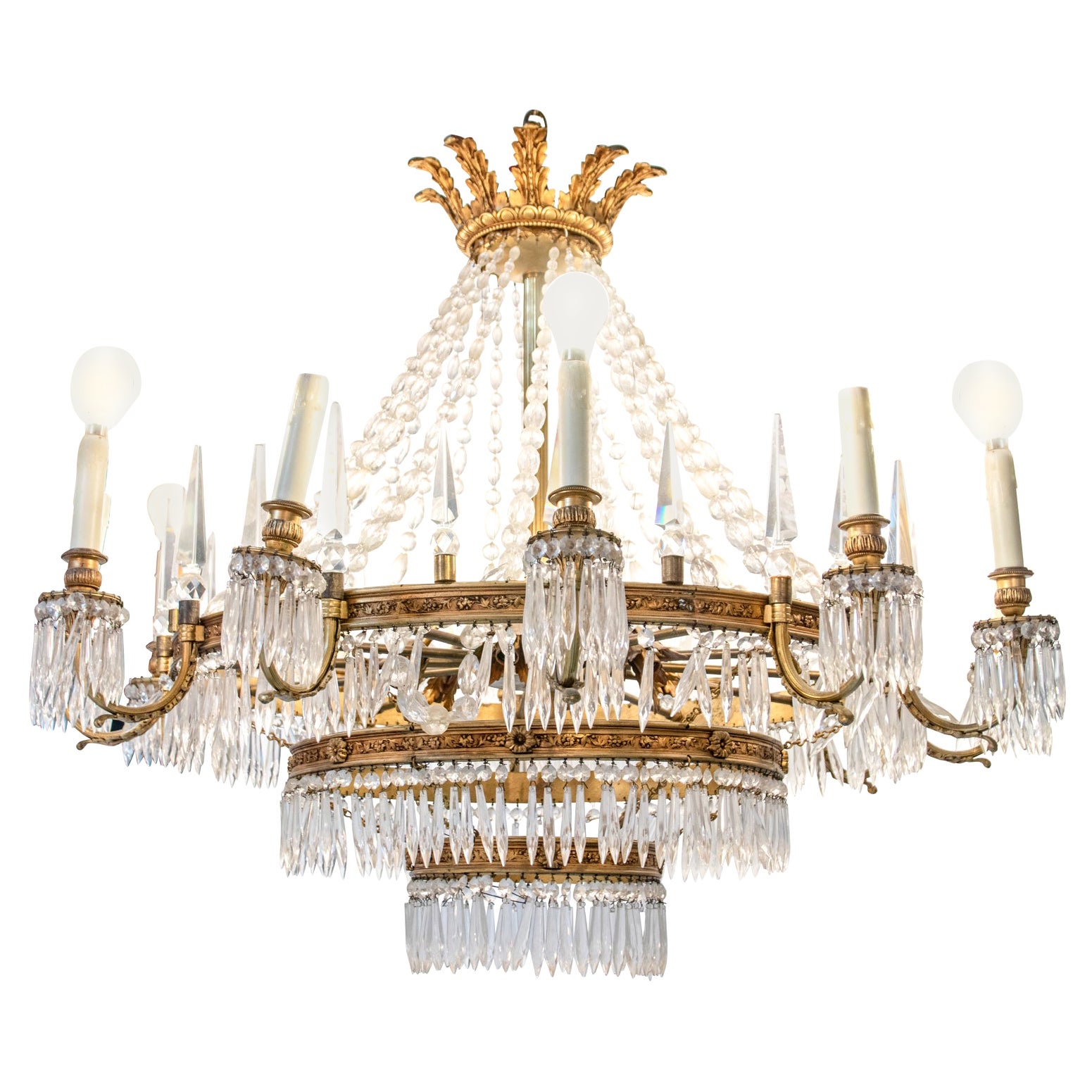 Thirteen Arm Crystal and Bronze Three Tier Chandelier For Sale