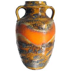 Large-Scaled West German, 1960s Orange and Ochre Painted Lava-Glazed Urn