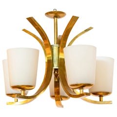Brass and Opaline Shade Five Arm Chandelier