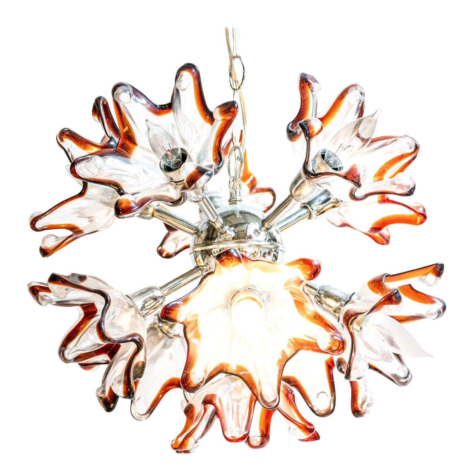Circa 1960s Murano Chandelier with Tulip Flowers and Amber Edges For Sale