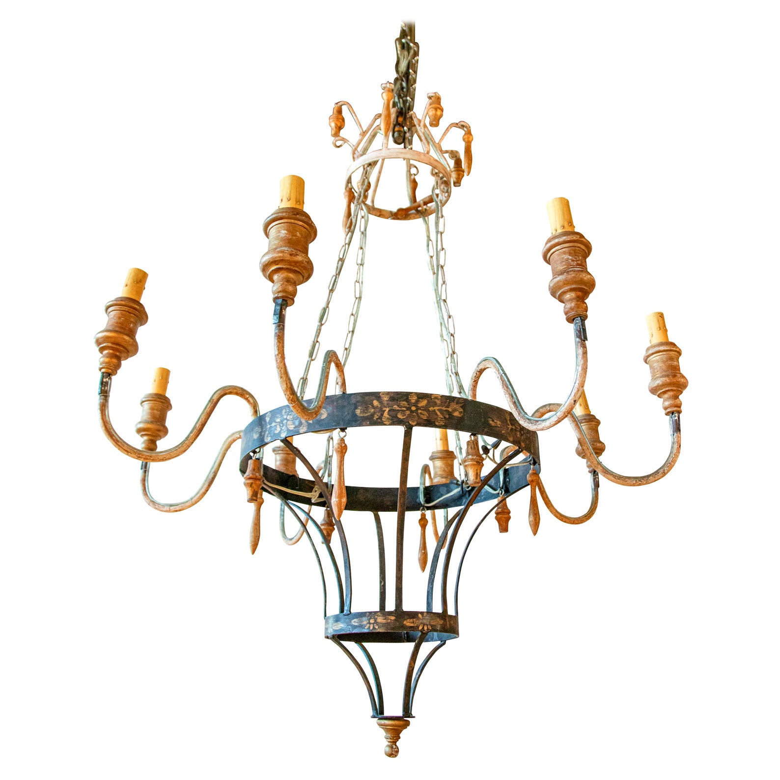 Tole Painted and Wood Chandelier For Sale