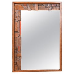 Paul Evans Style Lane Pueblo Brutalist Oak Framed Wall Mirror, 1970s