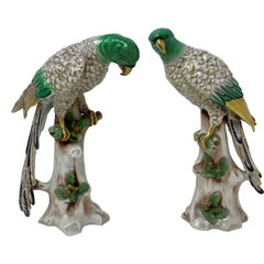 Pair Vintage Hand-Painted Green & Gold Porcelain Parakeets, circa 1930's
