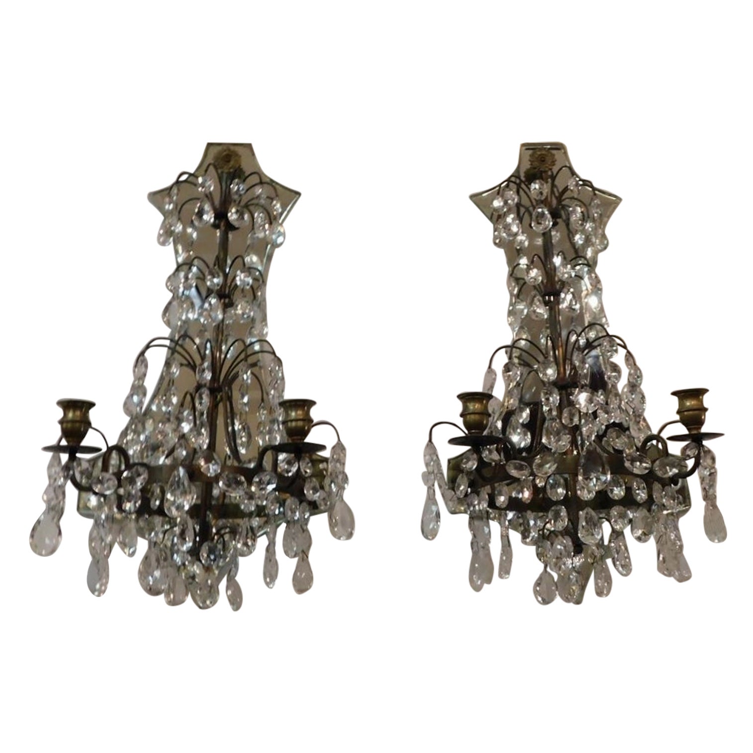 Pair of American Bronze and Crystal Two Arm Mirrored Wall Sconces, Circa 1870 For Sale