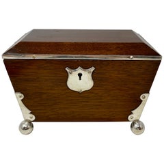 Antique English Victorian Mahogany Tea Caddy with Silver-Plated Mounts, Ca 1890