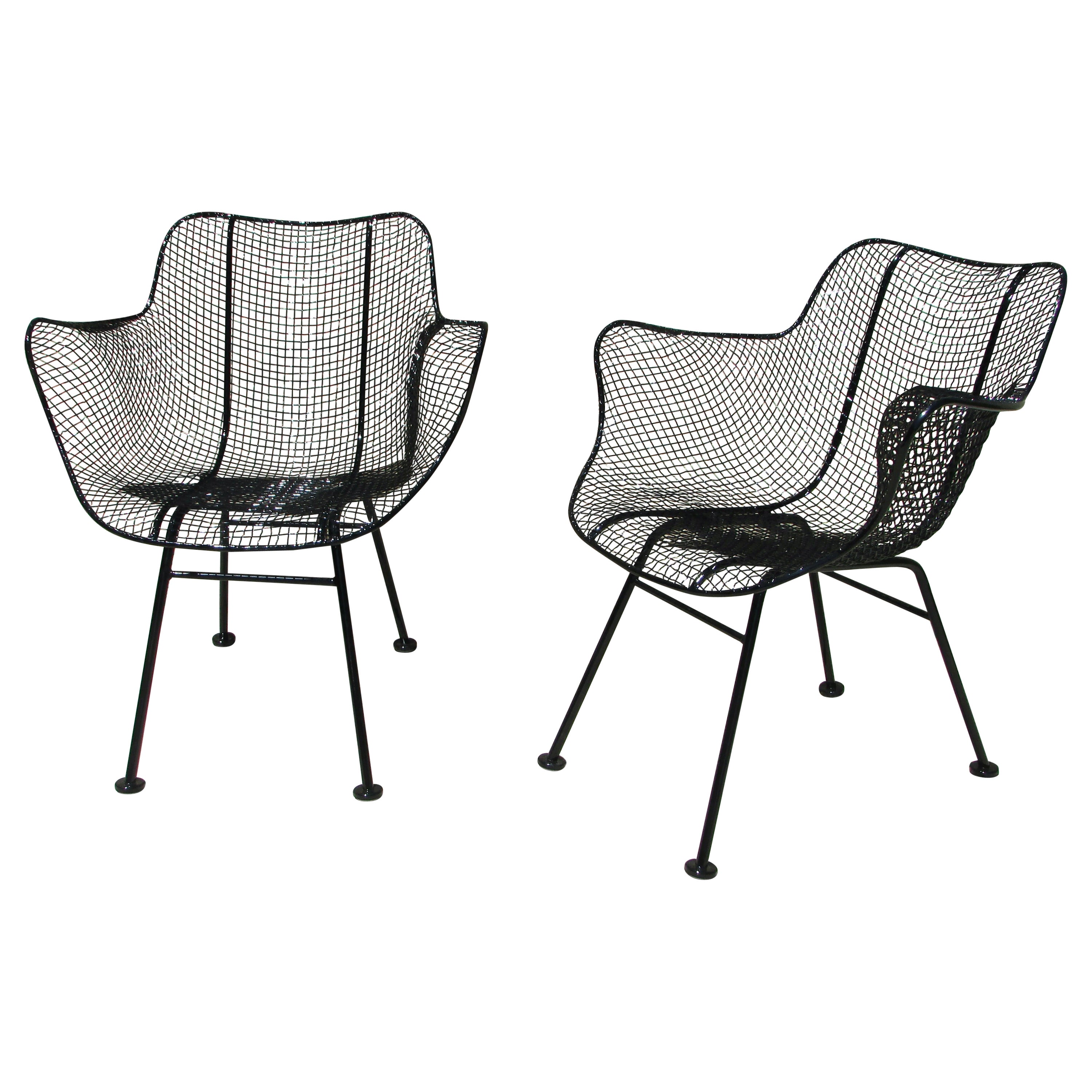 Pair of Gloss Black Woodard Wrought Iron Frame with Steel Mesh Armchairs