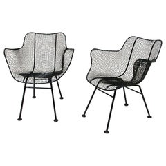 Retro Pair of Gloss Black Woodard Wrought Iron Frame with Steel Mesh Armchairs