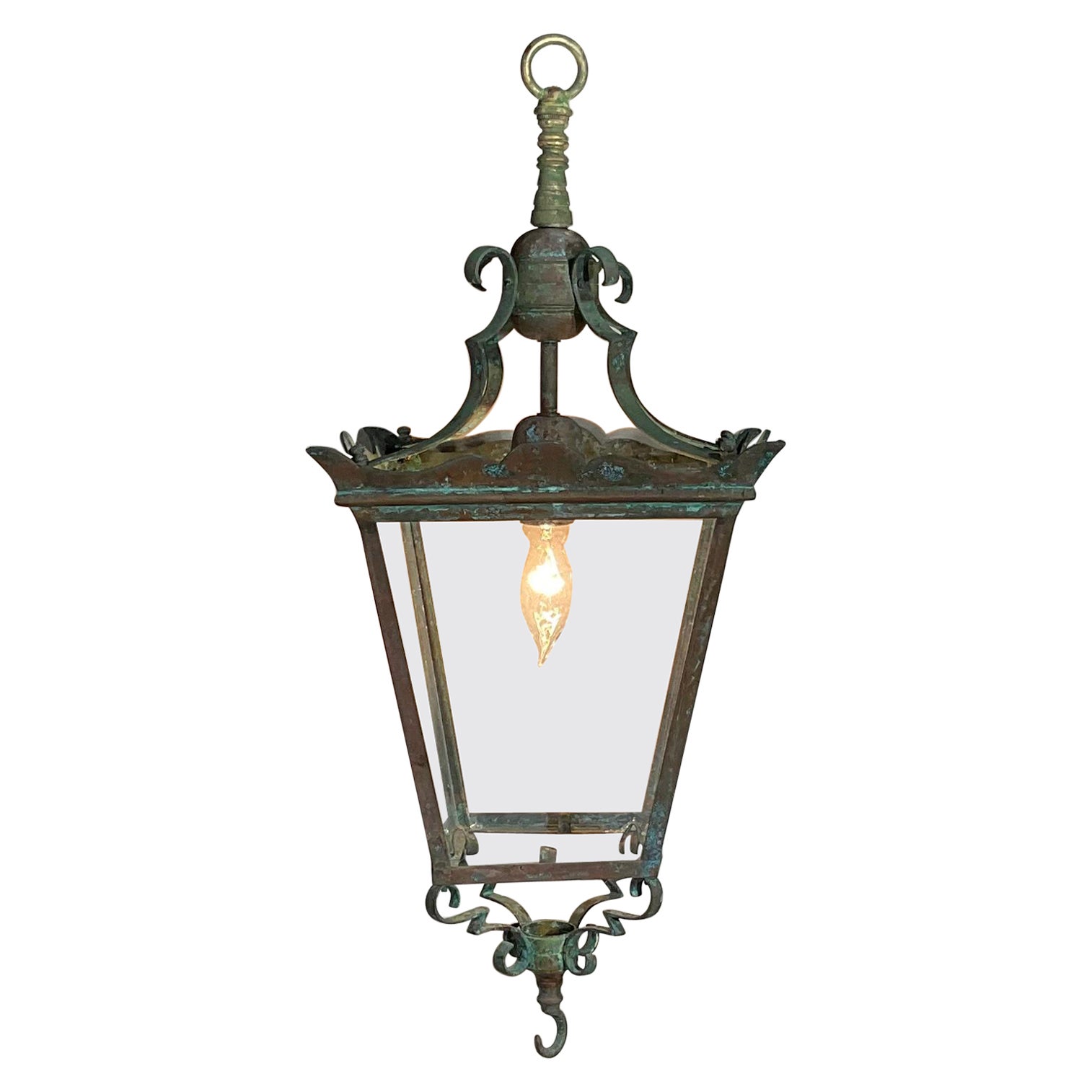Antique Four Sides Brass Mizner Style Hanging Lantern at 1stDibs